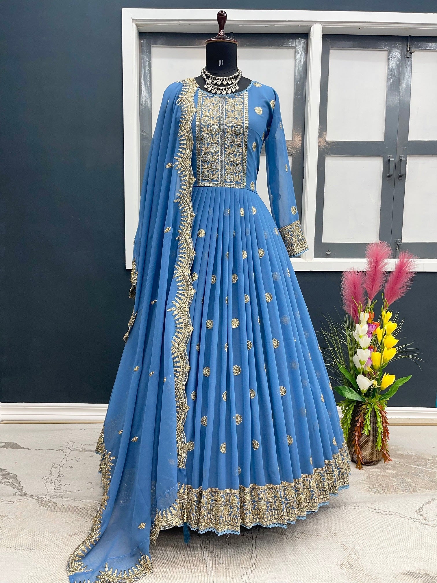 Navy Blue Gown for Engagement with Silver Embroidery